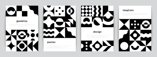 Cartaz do Bauhaus. Bandeiras geométricas monocromáticas mínimas com formas pretas simples em estilo suíço. Conjunto de panfletos abstratos da moda vetorial — Vetor de Stock
