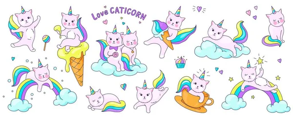 desenho de gato kawaii em vetor de unicórnio no arco-íris animal bonito cor  pastel desenhado à mão isolado em um fundo rosa pônei de conto de fadas  perfeito para crianças adesivo de