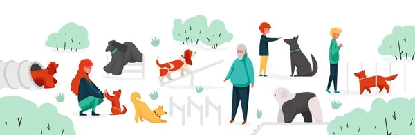 People with pets at park. City park area with cartoon characters training their home animals. Vector outdoor activity with dogs