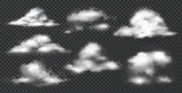 Des nuages réalistes. Gabarit brouillard blanc et maquette de fumée, effet atmosphère transparente, vapeur et vapeur dans l'air. Brume vectorielle et ensemble de nuages — Image vectorielle