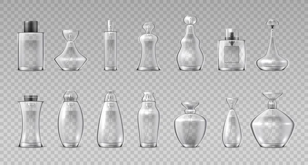 Parfumflesjes. Realistische 3D glazen containers voor geurwater, aroma cosmetische spuitbus. Vector make-up glanzende injectieflacon set — Stockvector