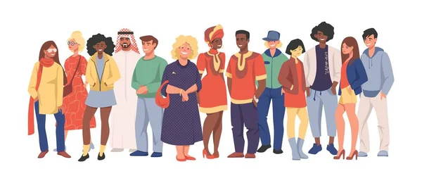 Equipa multicultural. Grupo de pessoas diferentes em roupas casuais de pé juntos, personagens de desenhos animados de diversas nacionalidades. Conjunto de homens e mulheres vetores —  Vetores de Stock