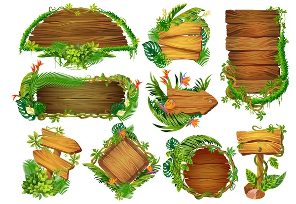 Tecknad träpaneler. Spelpekare och info tabeller med tropiska lianer och växter, skyltar i djungelskog. Vektor träetikett set — Stock vektor