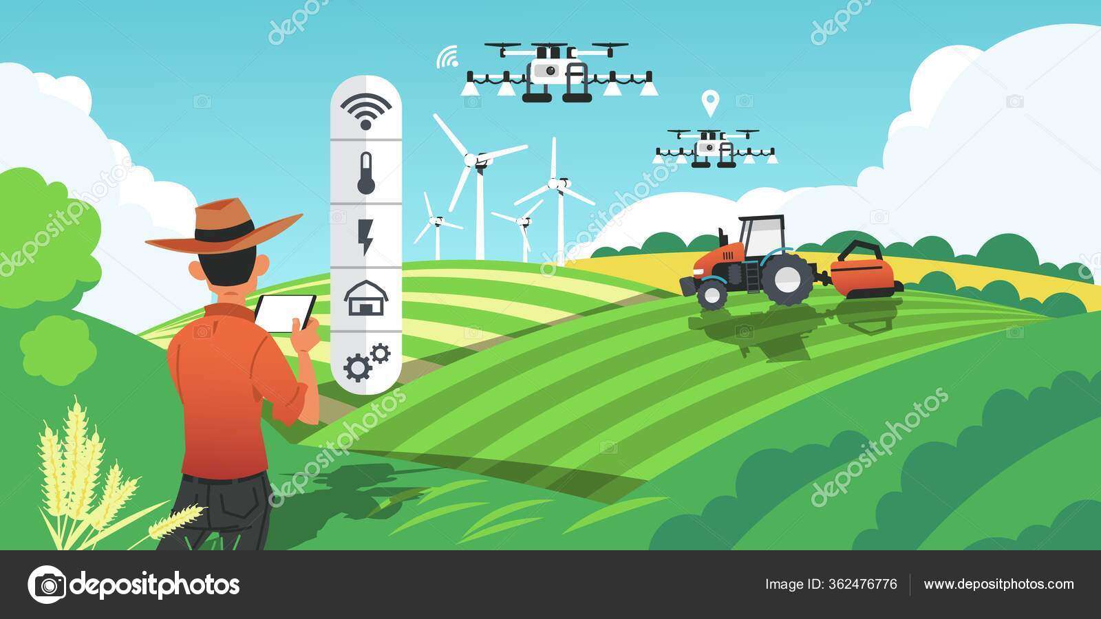 Smart farming. Growing crops and harvesting plants with futuristic  technologies, drones on field and GPS vehicles. Vector cartoon smart agro  concept Stock Vector Image by ©SpicyTruffel #362476776