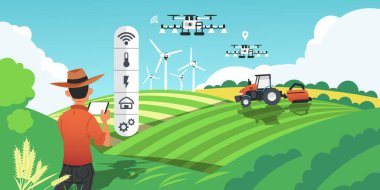 Smart farming. Growing crops and harvesting plants with futuristic technologies, drones on field and GPS vehicles. Vector cartoon smart agro concept clipart