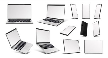 Gerçekçi aletler. Dizüstü bilgisayar, tablet bilgisayar ve cep telefonu cihazları, izometrik perspektifte boş ekranlı üç boyutlu dijital cihazlar. Vektör illüstrasyonu