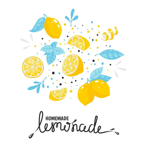 Hausgemachte Limonade handgezeichnete Typografie. Kalter Sommercocktail mit Zitrone. Vektorskizze Zitrone Illustration — Stockvektor