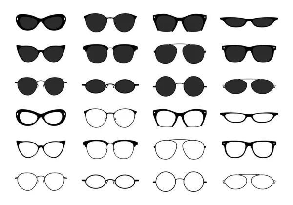 Coleção de óculos. Óculos de Geek e óculos de sol. Sílhueta de óculos pretos. Conjunto de ícones de moda vetorial —  Vetores de Stock