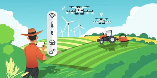Un'agricoltura intelligente. Coltivazione e raccolta di piante con tecnologie futuristiche, droni sul campo e veicoli GPS. Vettoriale cartone animato intelligente concetto agro — Vettoriale Stock