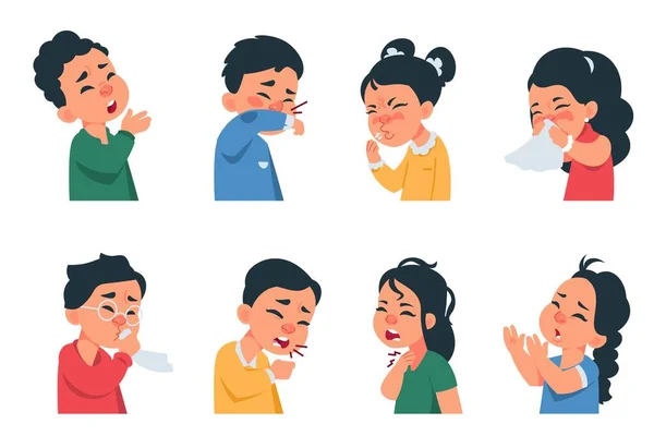 Sneezing kids. Cartoon boys and girls characters coughing and catching flu, coronavirus disease symptoms and prevention concept. Vector kids infection — Stock Vector