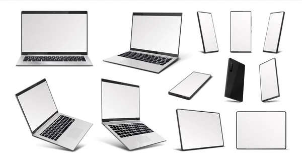 Realistische gadgets. Laptop, tablet PC en mobiele telefoon apparaten mockup, 3D digitale gadgets met leeg scherm in isometrische perspectief. Vectorillustratie — Stockvector