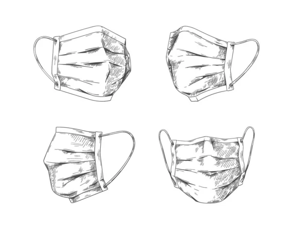 Máscaras respiratórias. Máscara facial médica desenhada à mão, pneumonia por gripe e proteção e prevenção do coronavírus. Vetor doodle máscara respiratória — Vetor de Stock