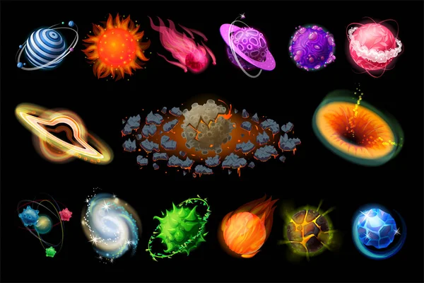 Planetas espaciales. Elementos del universo de dibujos animados, piedras de fuego, cometas de hielo, planetas de hierro y gas, geoides coloridos de fantasía detallados. Set aislado vectorial — Archivo Imágenes Vectoriales