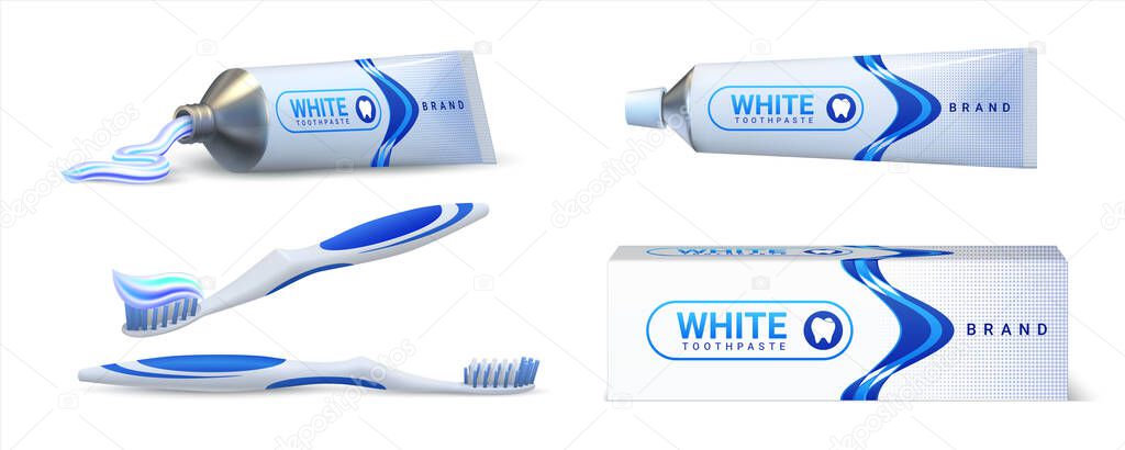 Toothpaste. Realistic 3D tube packaging mockup with brand identity and dental care advertisement. Vector oral hygiene products set