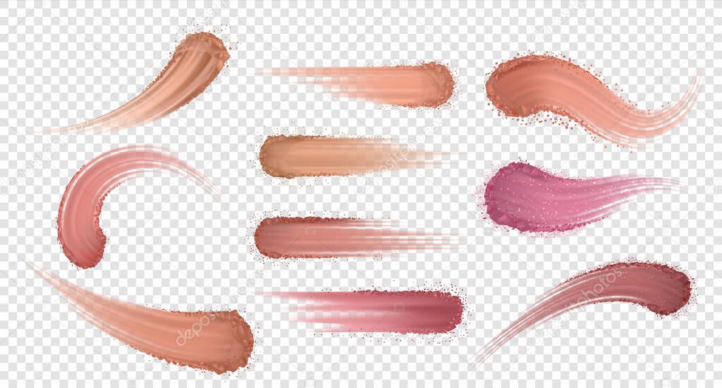 Makeup powder. Realistic eyeshadow and blusher swatch, skin tone shadows. Vector set of dry powder isolated on transparent background