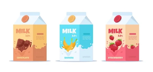Milchpackung. Süße Milch mit verschiedenen Geschmacksrichtungen, Zeichentrickdosen mit Milchprodukten für Kinder. Vector Erdbeerschokolade und Bananenmilch — Stockvektor