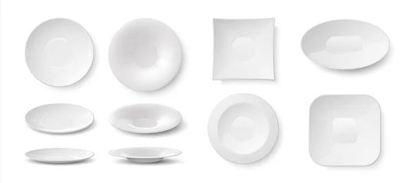 Placas realistas. Branco vazio 3D pratos e tigelas mockup, cozinha louça cerâmica de jantar. Conjunto de louças em branco vetorial — Vetor de Stock
