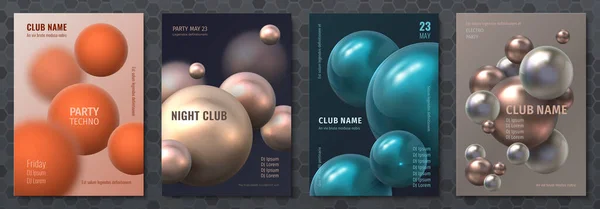 Abstracte bol poster. Moderne brochure met realistische 3D plastic ballen, flyer template voor muziekfeesten. Vector achtergrond met kleurrijke geometrische bollen — Stockvector