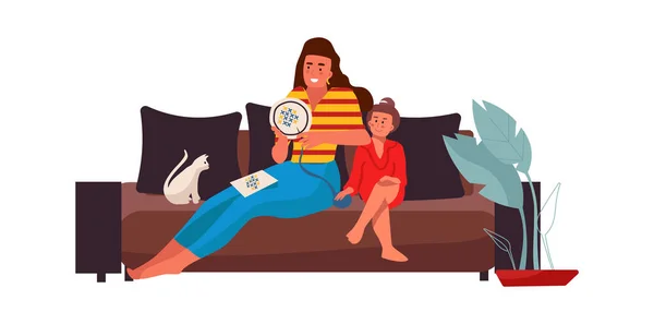 Mère et fille avec chat sur canapé. Point de croix. Personnages vectoriels de dessin animé relaxant — Image vectorielle