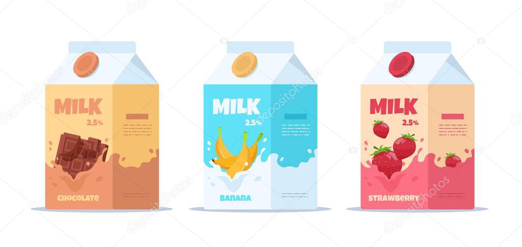 Milk package. Sweet milk with different tastes, cartoon containers with dairy products for kids. Vector strawberry chocolate and banana milk