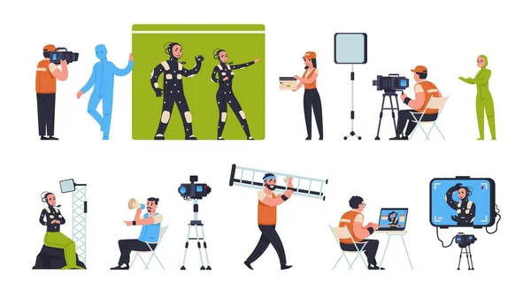 Movie production. Film making scenes with actors director and camera man, film crew shooting on green screen and on location. Vector set — Stock Vector