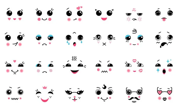 Kawaii listo. Dibujos animados japonés lindo emoticonos, sonrisa risa ira y llorar emociones con grandes ojos negros. Vector divertido anime expresiones — Vector de stock