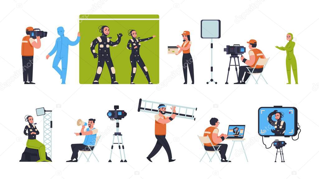 Movie production. Film making scenes with actors director and camera man, film crew shooting on green screen and on location. Vector set