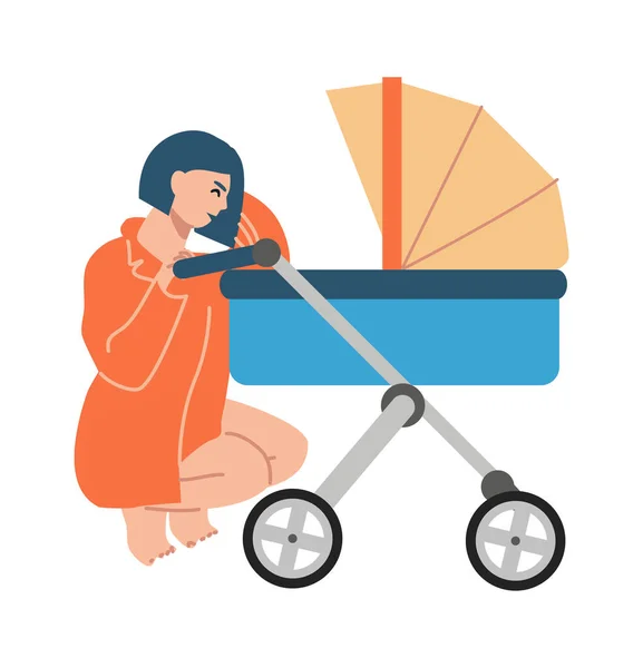 Happy mother with pram. Mom crouched in stroller with newborn. Vector illustration character smiling women — Stock Vector