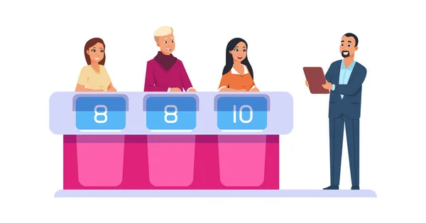 TV-program. Ledaren ställer tävlande frågor. Vector tecknad frågesport intellektuellt spel — Stock vektor
