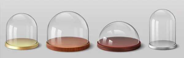 Domos realistas. Cubierta de vidrio esférica y hemisférica 3D para recuerdos, utensilios de cocina, vitrina de exposición. Conjunto de vectores — Vector de stock