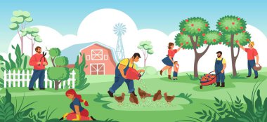 People in garden. Cartoon farmers and gardeners working together, plant crops and flowers, work in soil. Vector agriculture workers growing organic food clipart