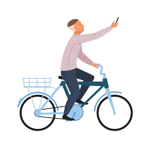 Homme à vélo avec smartphone. Courrier de transport par téléphone. Images vectorielles voyageur masculin à vélo — Image vectorielle