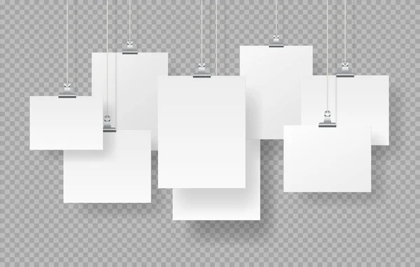 Hanging posters. Realistic blank photo frames mockup, white empty signboards isolated on transparent background. Vector paper signs set — Stock Vector