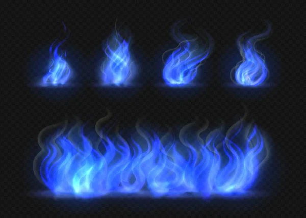 Realistische blaue Flammen lodern auf. Transparenter Fackeleffekt, abstraktes blaues Licht, Design-Vorlage für Lagerfeuer. Isolierte Vektor-3D-Illustration — Stockvektor