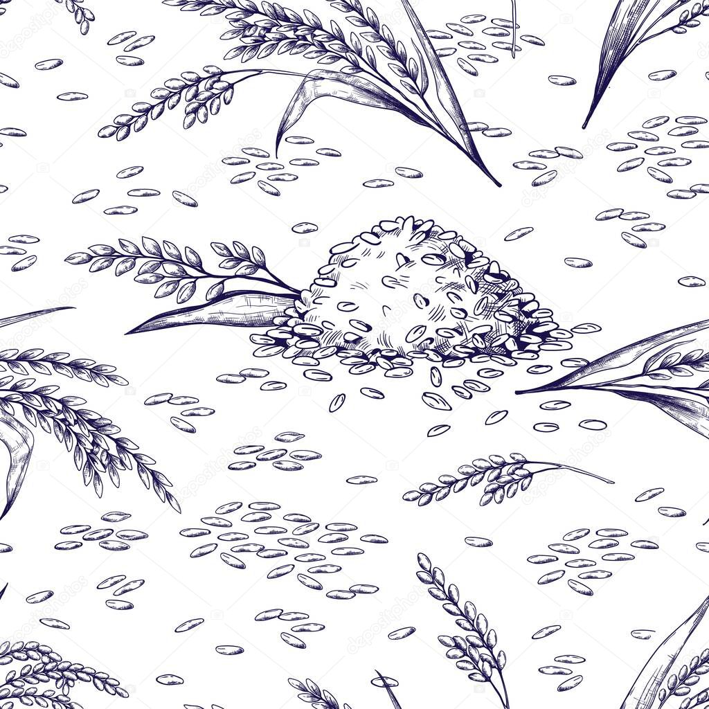 Rice seamless pattern. Hand drawn plant and grains texture, sketch of rice cereal for food package. Vector doodle organic food background