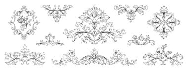 Floral baroque ornaments. Vintage Victorian frame decorative elements, swirl heraldic engraved with leaves and flowers. Vector retro set clipart