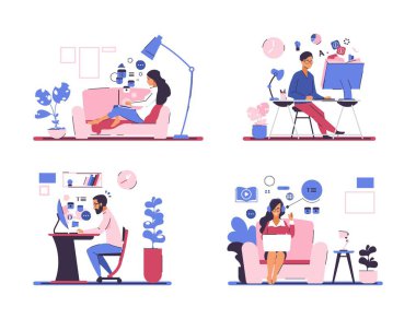 Online eğitim. Kendi kendini eğitme ve internet kursları, karantinadan öğrenme, online video dersleri ve dersler. Vektör seti