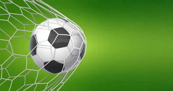 Football goal background. Soccer banner with ball in net and place for text, sport game and football championship cut. Vector concept of goal