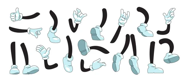 Tecknade armar och ben. Mascot klottra händer i vita handskar visar gester och fötter i stövlar sparkar kör och står. Vektorkomisk samling — Stock vektor