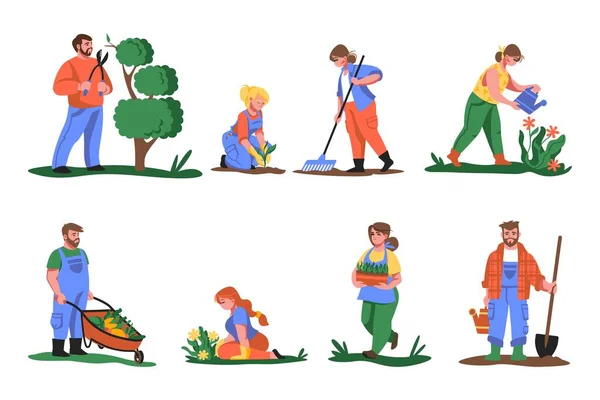 Agricultores. Gente de dibujos animados plantando flores y verduras, cortando y jardinería, cultivando verduras y flores. Vector de trabajadores agrícolas conjunto — Vector de stock