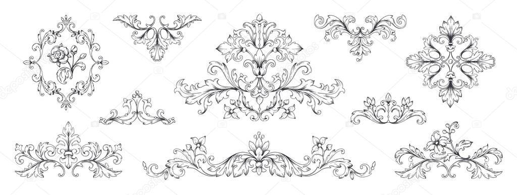 Floral baroque ornaments. Vintage Victorian frame decorative elements, swirl heraldic engraved with leaves and flowers. Vector retro set