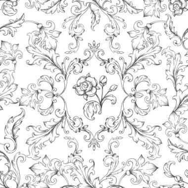 Baroque ornament pattern. Decorative floral border elements with engraved leaves, vintage victorian seamless texture. Vector heraldic wallpaper clipart