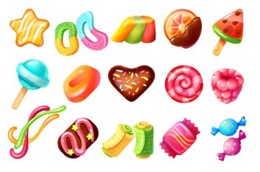 Çizgi film şekerleri. Çikolatalı tatlılar ve karamel tatlılar, baston şekerler ve kekler. Vektör kurabiyeleri ve jöle şekerlemeleri.