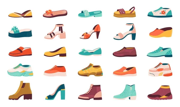 Tecknad skor. Platta höstskor, löparskor och sommarsandaler, manliga och kvinnliga sneakers och kängor. Vektor isolerade uppsättning skor — Stock vektor