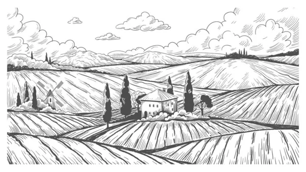 Kırsal oymacılık. Kırsal tepeler, tarlalar ve çiftlik evleriyle klasik manzara çizimi. Taşıyıcı el tarım arazisiyle çizilmiş kır çayırı