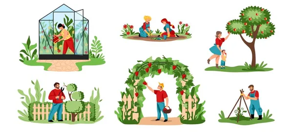 Plantando. Trabajadores agrícolas de dibujos animados cortando árboles y arbustos, plantando cultivos y flores. Vector de personas que trabajan en el jardín y el cultivo de alimentos orgánicos — Vector de stock