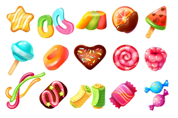 Çizgi film şekerleri. Çikolatalı tatlılar ve karamel tatlılar, baston şekerler ve kekler. Vektör kurabiyeleri ve jöle şekerlemeleri.