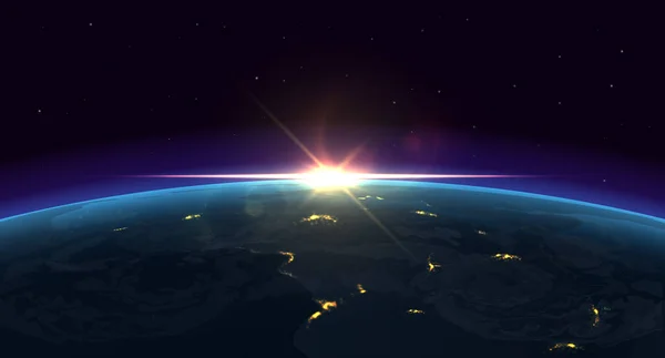 Вид на Землю. Реалістичний нічний фон планети з сяючою блакитною атмосферою і міськими вогнями з космосу. Векторний простір схід сонця — стоковий вектор