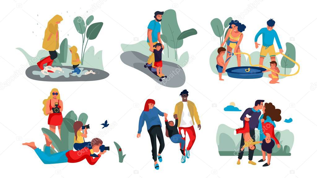 Family outdoor characters. Parents and children trendy cartoon persons spending time together and doing outdoor activities. Vector illustrations people