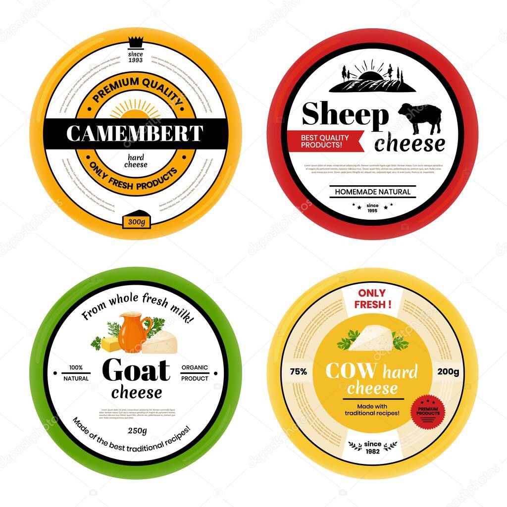 Cheese label. Cow goat sheep dairy products label with branding, milk products design template. Vector rounded labels for packaging natural cheese isolated set
